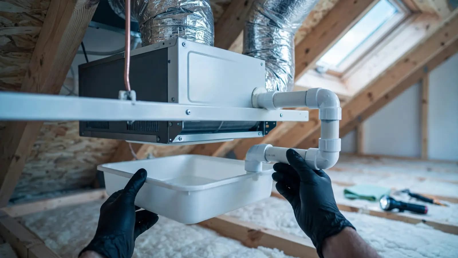 Attic air handler with condensate drain pan