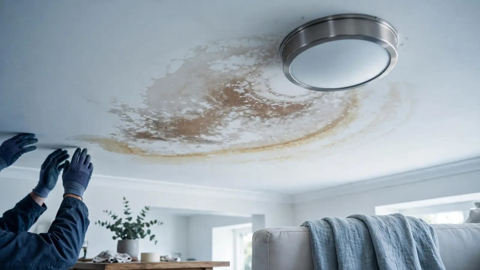Ceiling stain below an upstairs bathroom