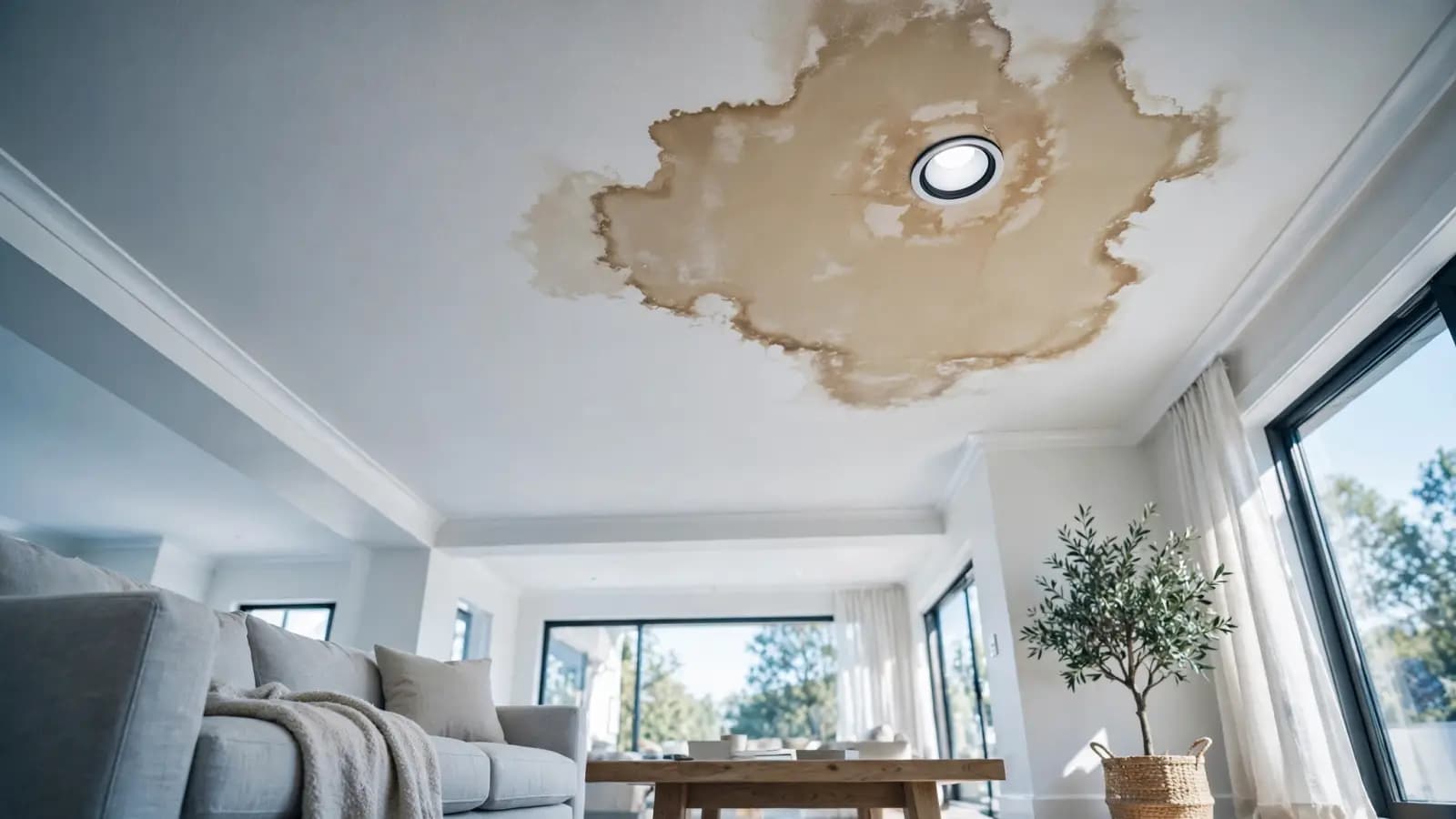 Water stain spreading across a white drywall ceiling with a drip forming at its center