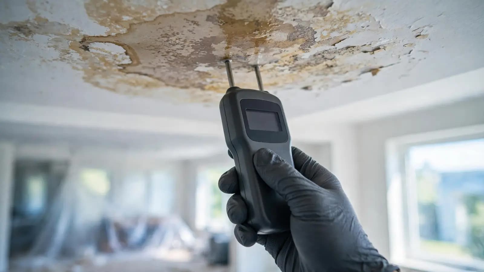 Moisture meter held against a water-stained ceiling