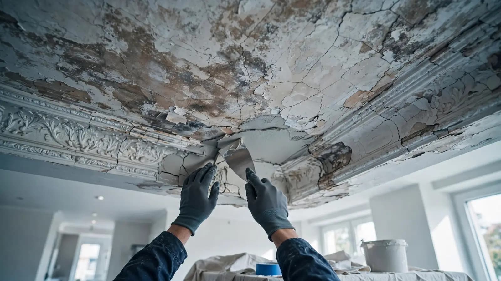 Older plaster ceiling with cracks and water staining