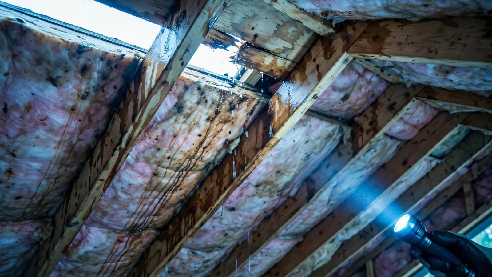 Attic rafters and insulation with water marks below a roof leak